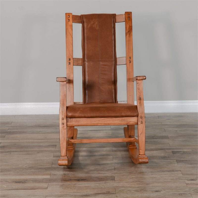 Maklaine Farmhouse Mindi Wood Rocking Chair in Rustic Oak Finish
