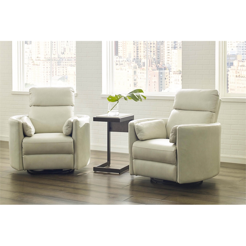 Maklaine Leather Power Cordless Swivel Glider Recliner in Ivory