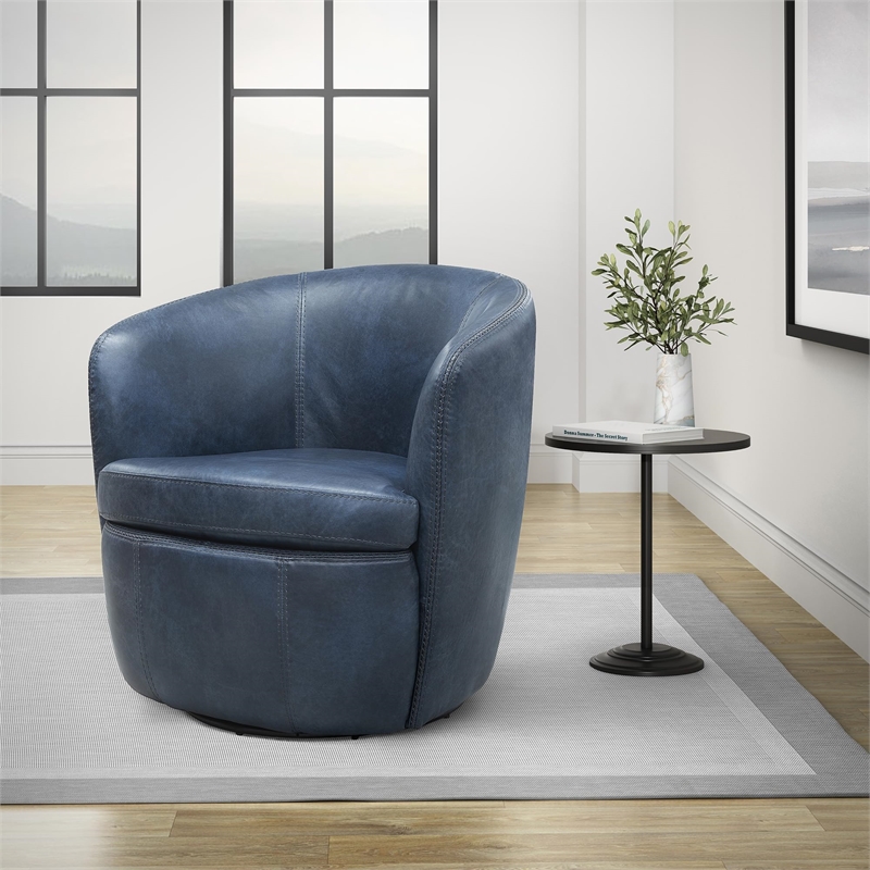 Maklaine Transitional Vintage Navy All Italian Leather Swivel Club Chair