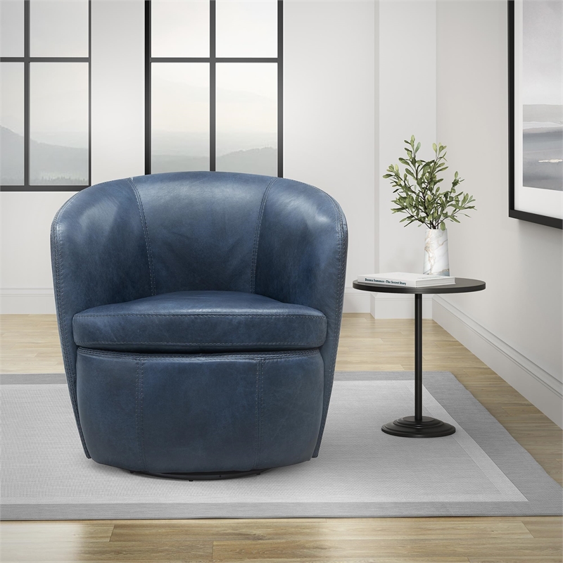 Maklaine Transitional Vintage Navy All Italian Leather Swivel Club Chair