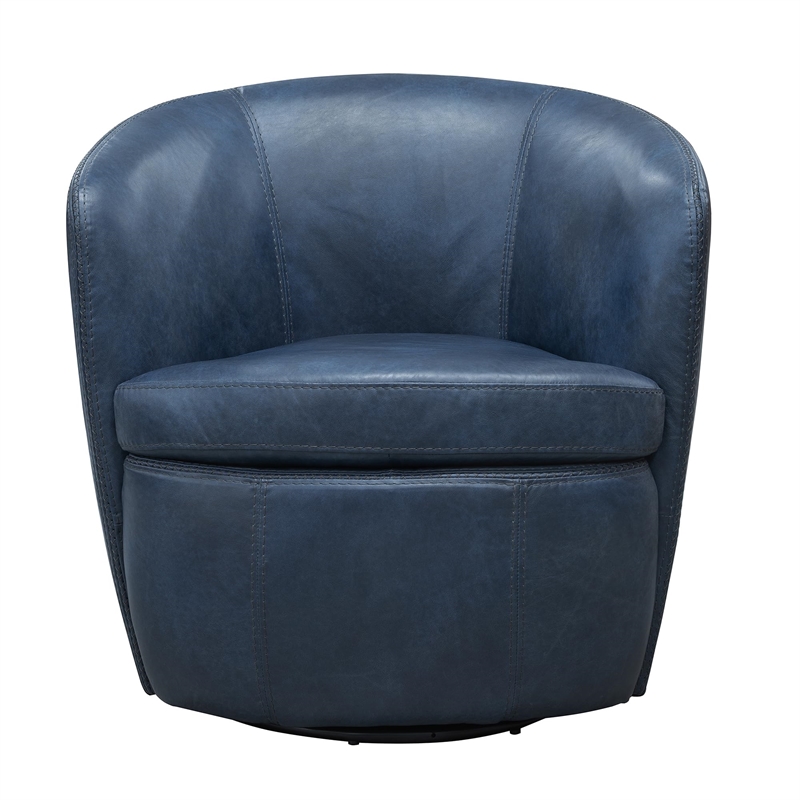 Maklaine Transitional Vintage Navy All Italian Leather Swivel Club Chair