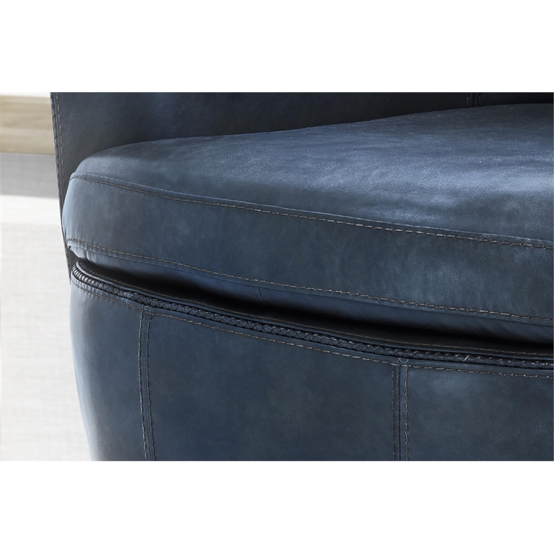 Maklaine Transitional Vintage Navy All Italian Leather Swivel Club Chair