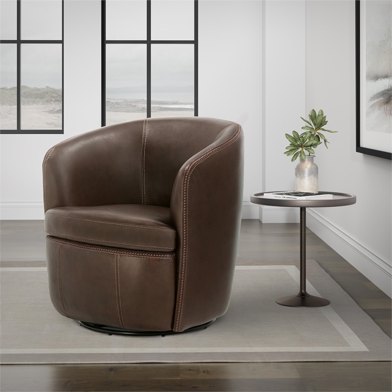 Maklaine Vintage Brown All Italian Leather Swivel Club Chair