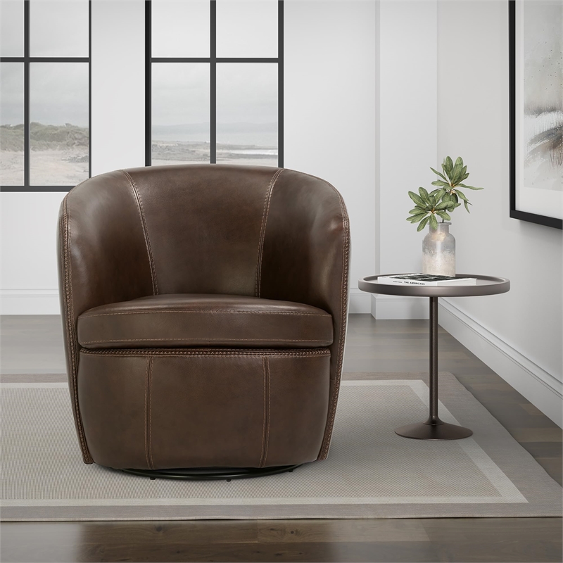 Maklaine Vintage Brown All Italian Leather Swivel Club Chair