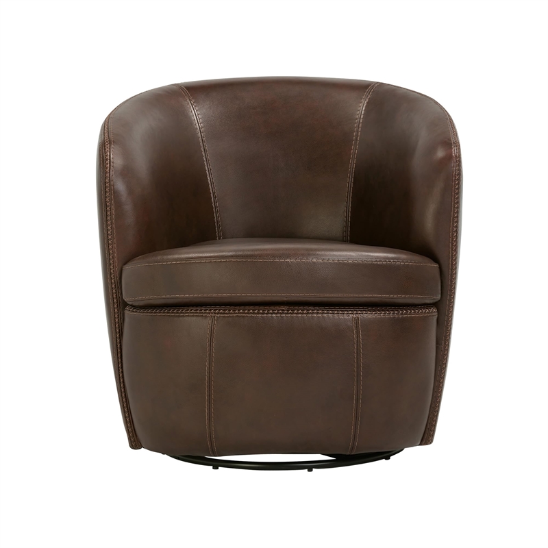 Maklaine Vintage Brown All Italian Leather Swivel Club Chair