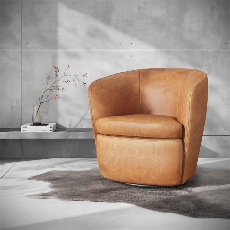 Maklaine Vintage Caramel Genuine Italian Leather Swivel Club Chair