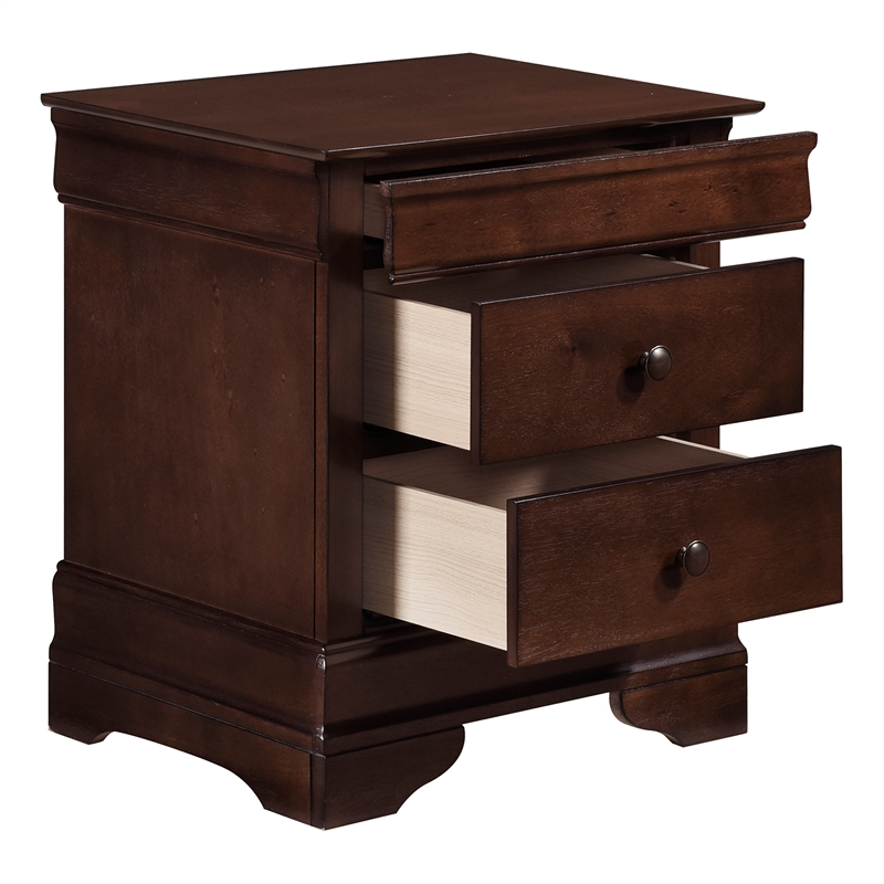 Maklaine Set of 2 3-Drawers Traditional Wood Nightstands in Brown Cherry