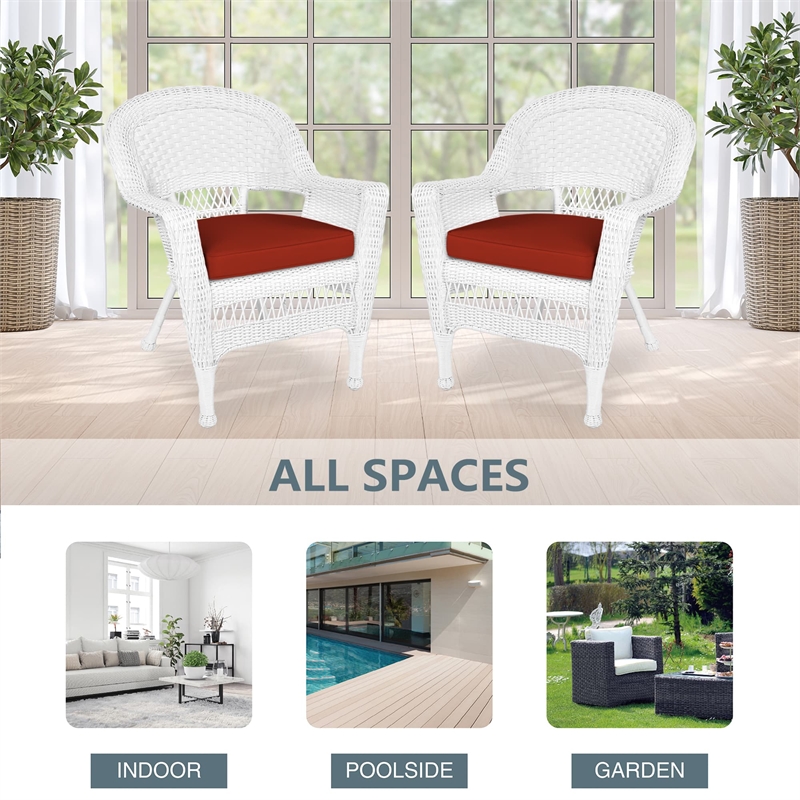 Maklaine Wicker Country/Cottage Chair in White with Red Cushion (Set of 2)