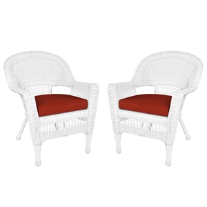 Maklaine Wicker Country/Cottage Chair in White with Red Cushion (Set of 2)