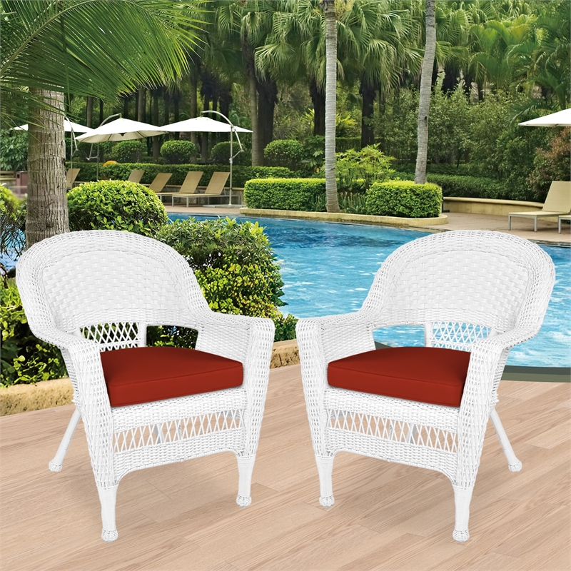 Maklaine Wicker Country/Cottage Chair in White with Red Cushion (Set of 2)