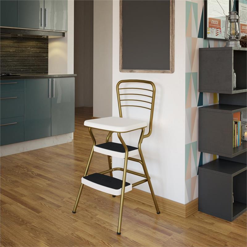 Maklaine Retro Chair + Step Stool with Flip-Up Seat in Gold and Cream