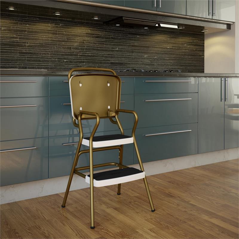 Maklaine Retro Chair + Step Stool with Flip-Up Seat in Gold and Cream