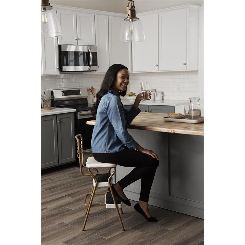 Maklaine Retro Chair + Step Stool with Flip-Up Seat in Gold and Cream