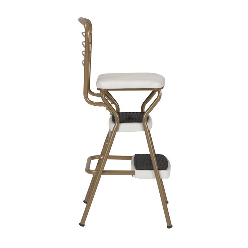 Maklaine Retro Chair + Step Stool with Flip-Up Seat in Gold and Cream