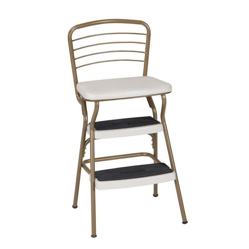 Maklaine Retro Chair + Step Stool with Flip-Up Seat in Gold and Cream