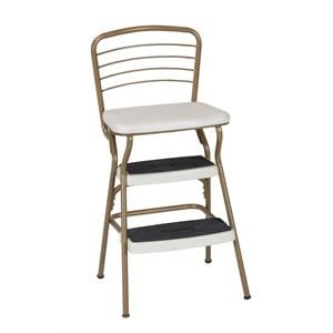 Maklaine Retro Chair + Step Stool with Flip-Up Seat in Gold and Cream