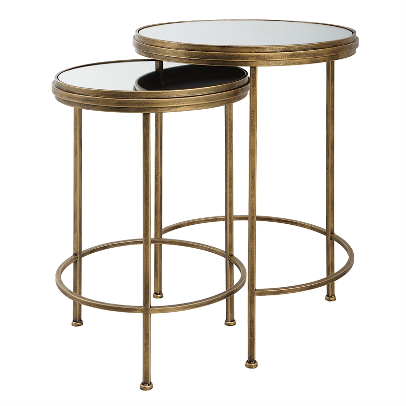Maklaine Coastal Metal Nesting Tables in Antique Brushed Gold (Set of 2)