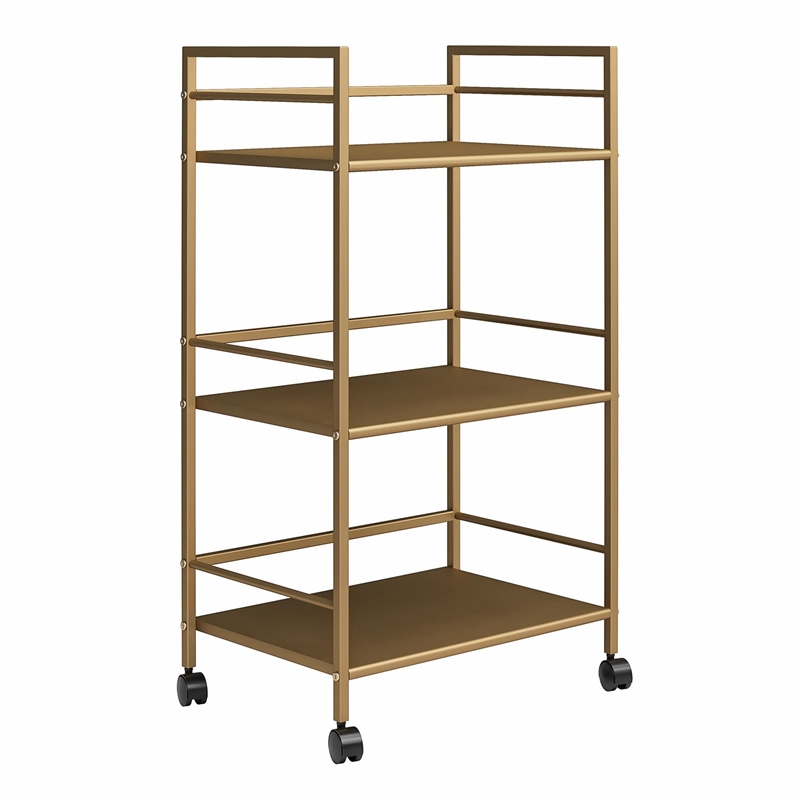 Maklaine Contemporary 3 Shelf Metal Rolling Utility Cart in Gold