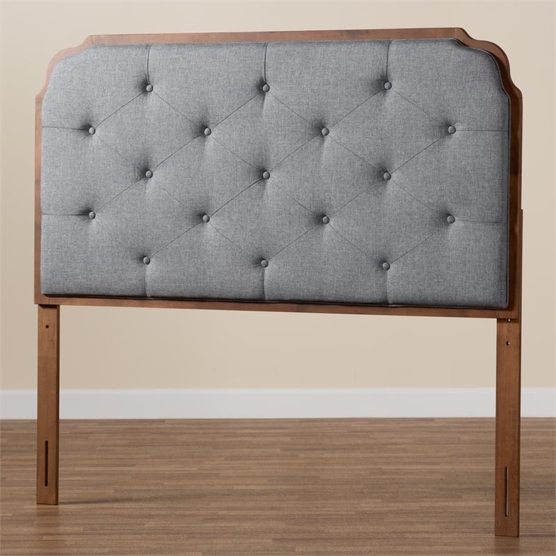 Maklaine Gray Fabric and Walnut Brown Wood King Size Headboard