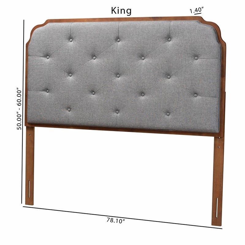 Maklaine Gray Fabric and Walnut Brown Wood King Size Headboard
