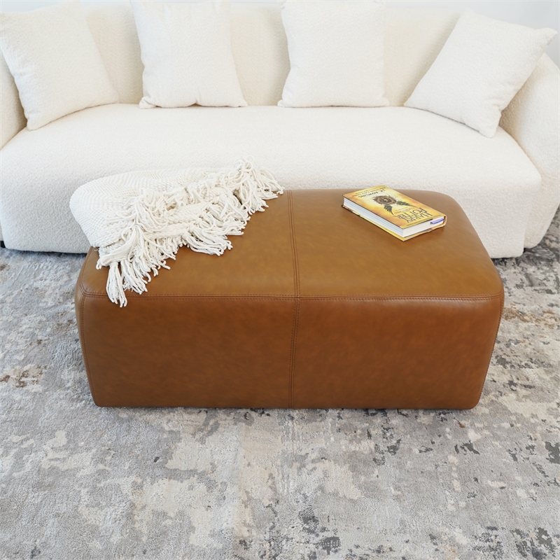 Maklaine Modern Living Room Tan Genuine Leather Rectangle Ottoman