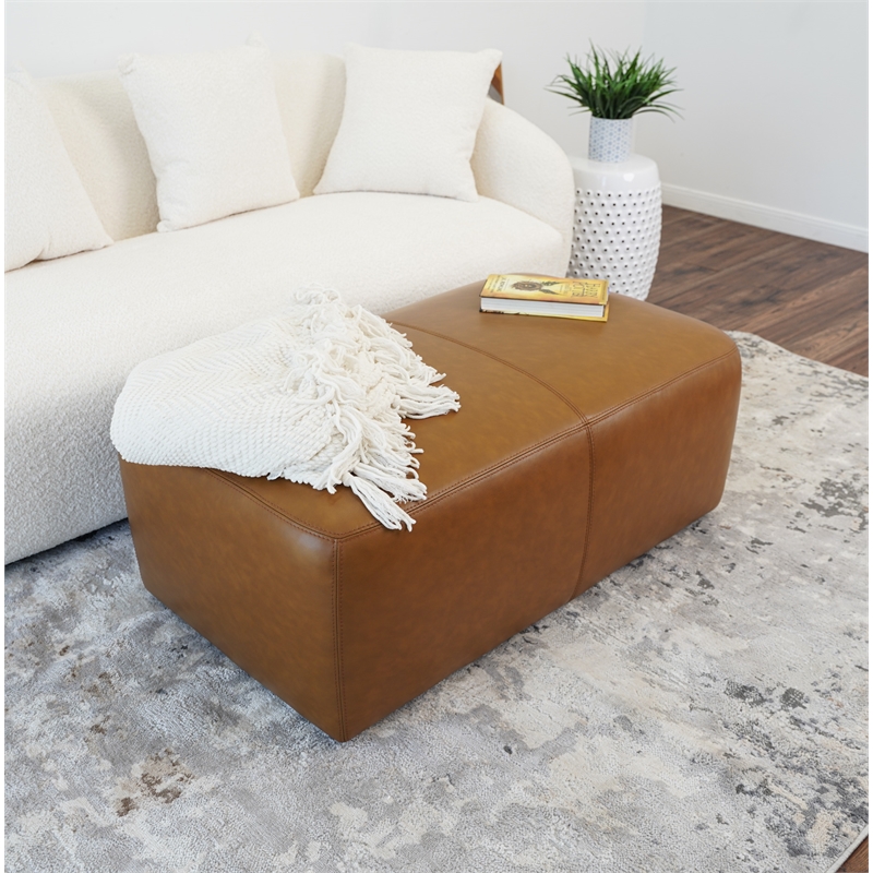 Maklaine Modern Living Room Tan Genuine Leather Rectangle Ottoman