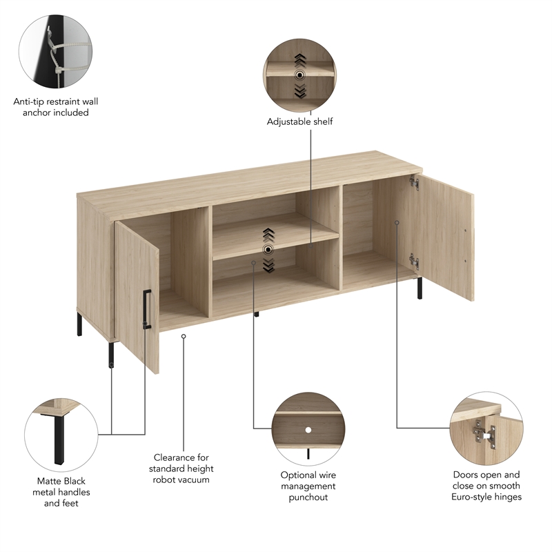Maklaine 58W TV Stand with Doors and Shelves in Natural Elm - Engineered Wood