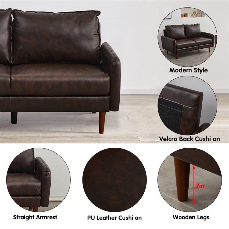 Maklaine Faux Leather Sofa Modern Couch with Wooden Legs in Brown