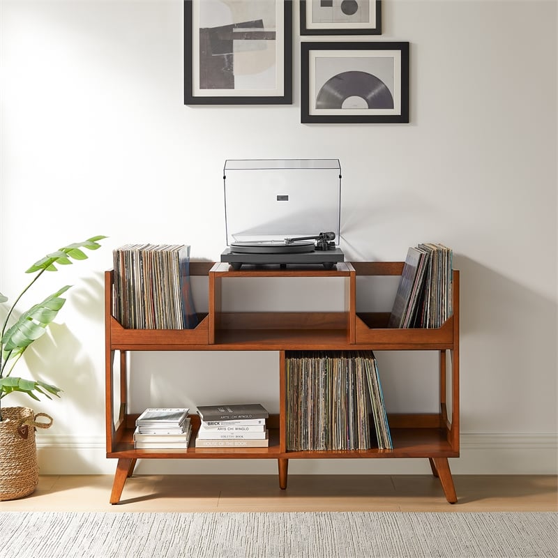 Maklaine Contemporary Wood Large Record Storage Console Walnut