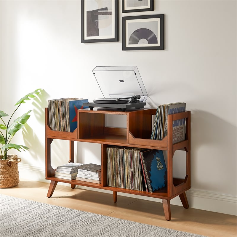Maklaine Contemporary Wood Large Record Storage Console Walnut