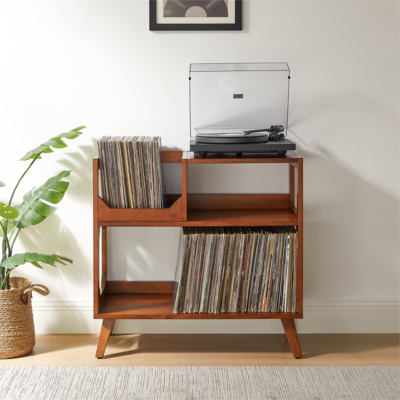 Maklaine Contemporary Wood Medium Record Storage Console Walnut
