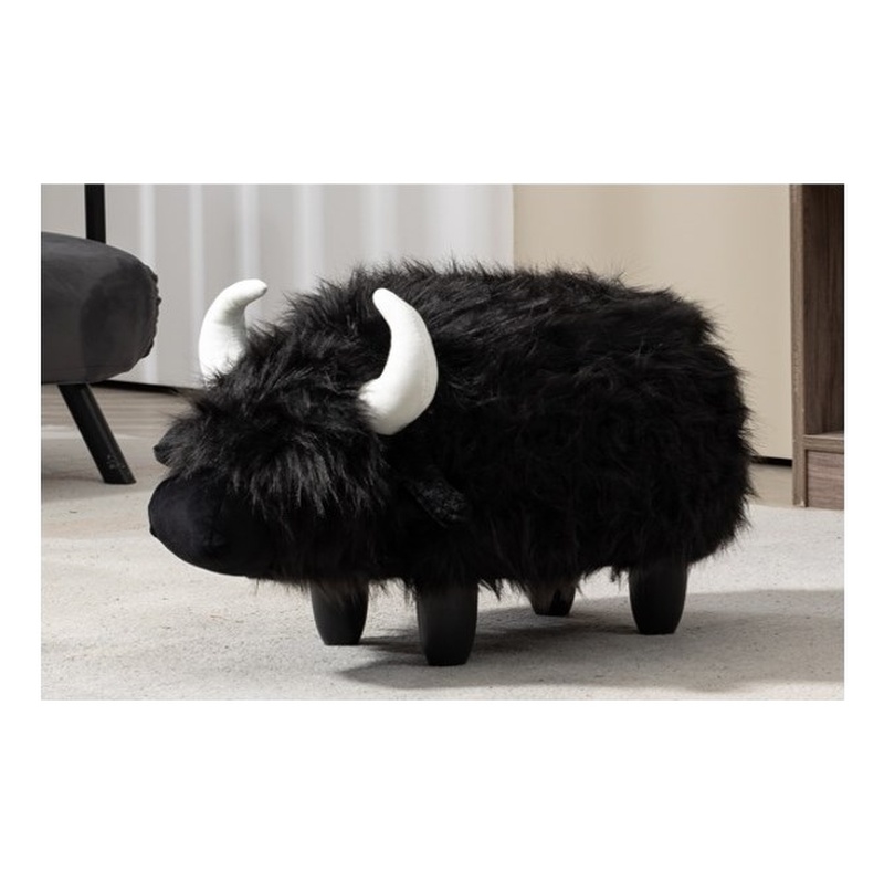Maklaine Harry the Cow Storage Ottoman with Long Black Fur Wood Frame
