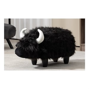 Maklaine Harry the Cow Storage Ottoman with Long Black Fur Wood Frame