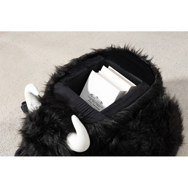 Maklaine Harry the Cow Storage Ottoman with Long Black Fur Wood Frame