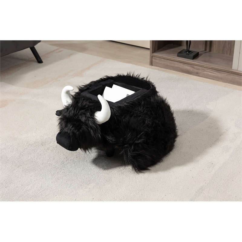 Maklaine Harry the Cow Storage Ottoman with Long Black Fur Wood Frame