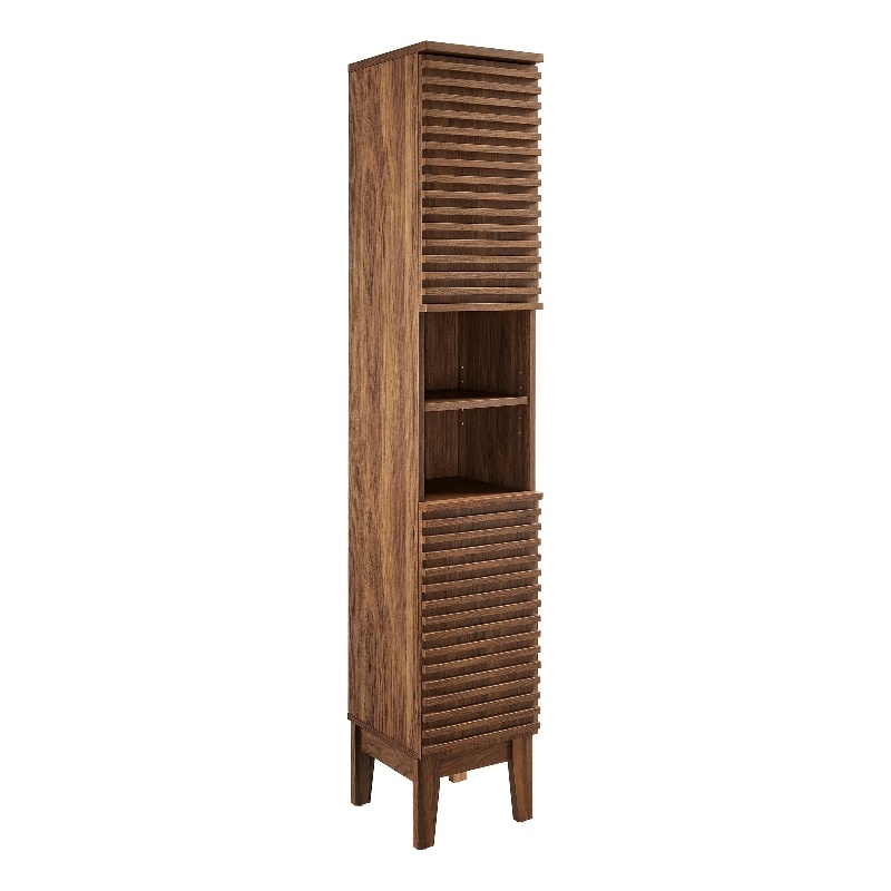 Maklaine Contemporary Tall Narrow Bathroom Storage Cabinet in Walnut