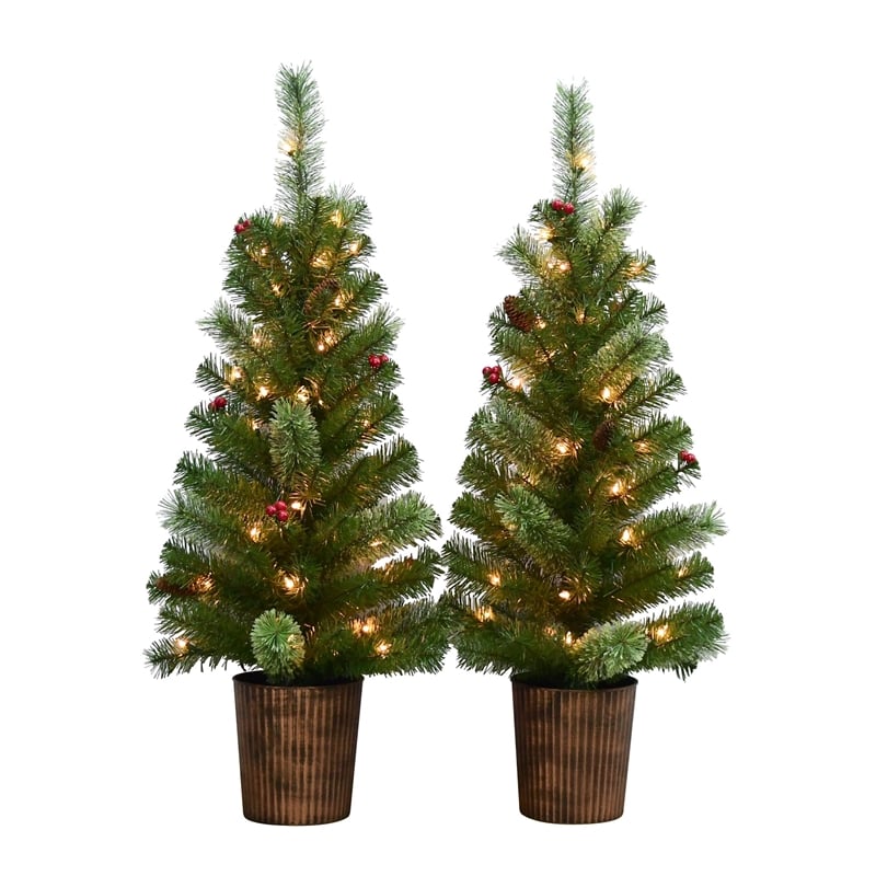 Maklaine Contemporary 2 Piece Plastic 3.5Ft Pre-Lit Green Pot Tree