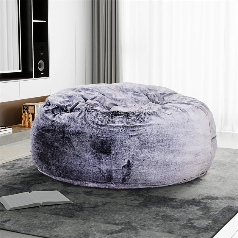 Maklaine 5ft Gray Faux Fur Memory Foam Bean Bag with Shredded Foam