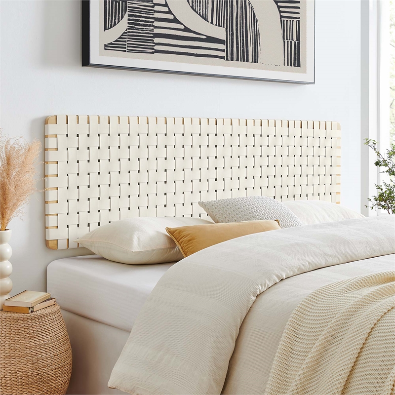 Maklaine Weave Wall-Mount Vegan Leather King Headboard in Natural Beige