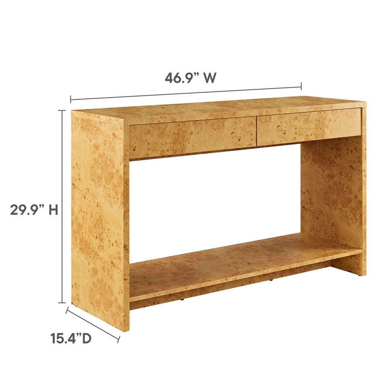 Maklaine Contemporary 2-Drawer Burl Wood Laminated Console Table in Brown