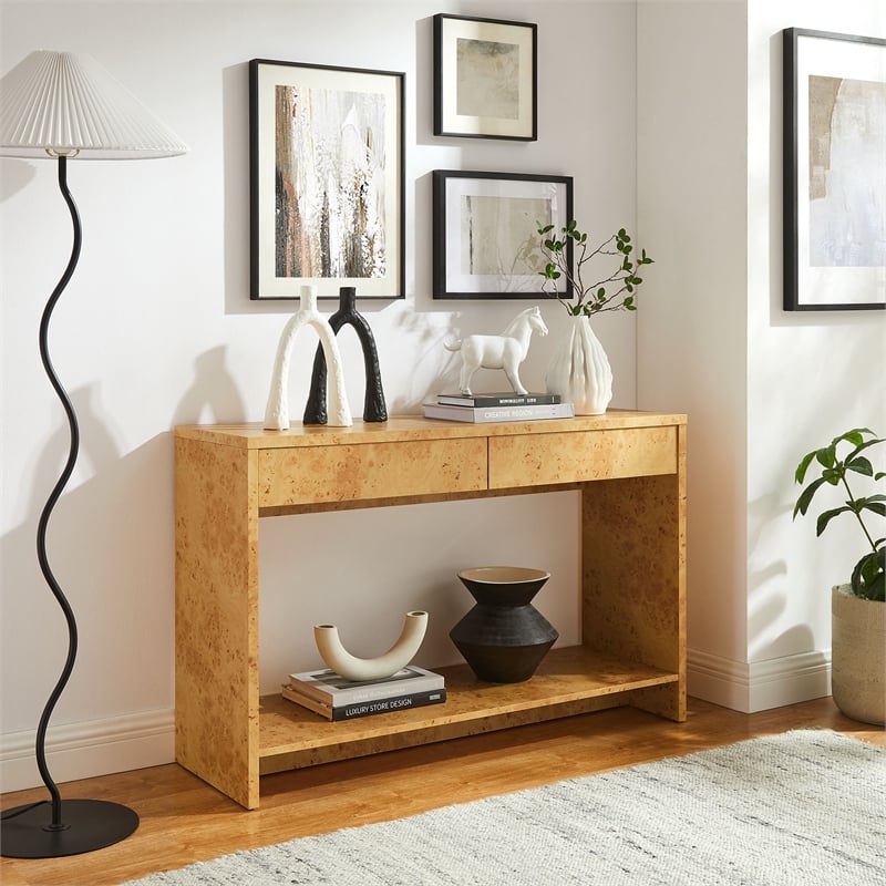 Maklaine Contemporary 2-Drawer Burl Wood Laminated Console Table in Brown