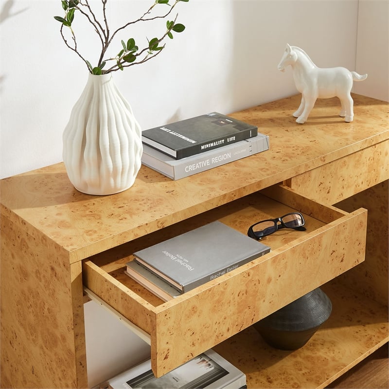 Maklaine Contemporary 2-Drawer Burl Wood Laminated Console Table in Brown