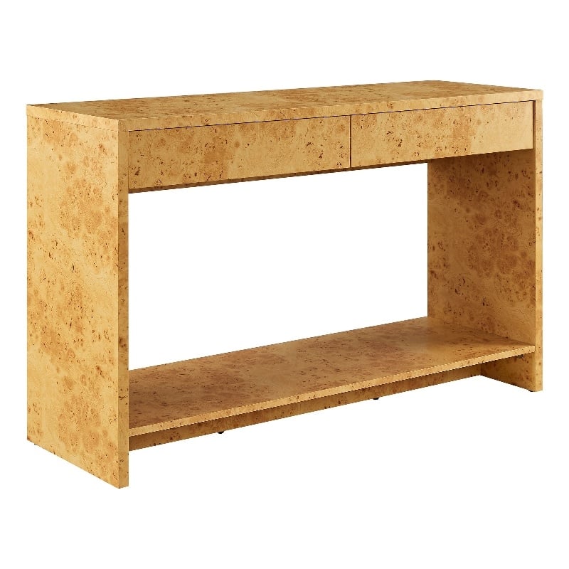 Maklaine Contemporary 2-Drawer Burl Wood Laminated Console Table in Brown