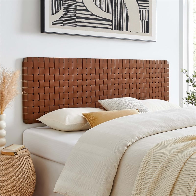 Maklaine Weave Wall-Mount Vegan Leather King Headboard in Walnut Brown