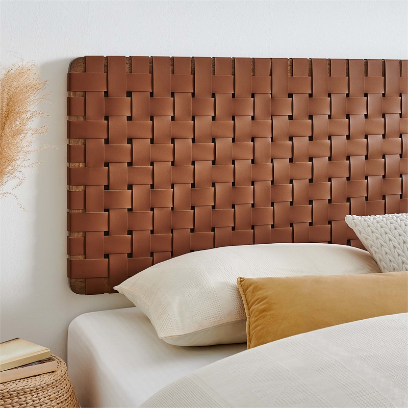 Maklaine Weave Wall-Mount Vegan Leather King Headboard in Walnut Brown