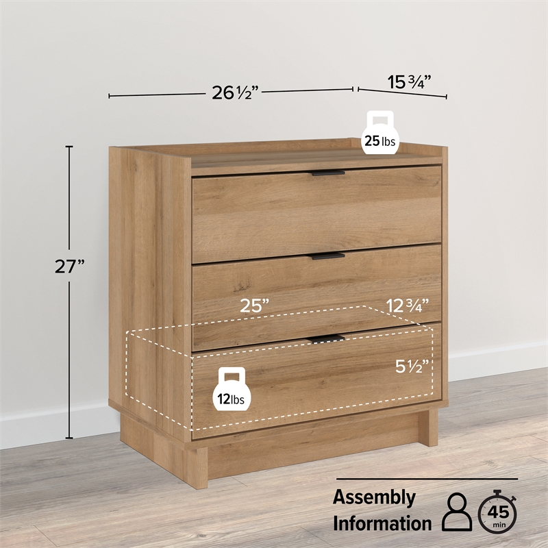 Maklaine Contemporary Engineered Wood 3 Drawer Nightstand in Oak