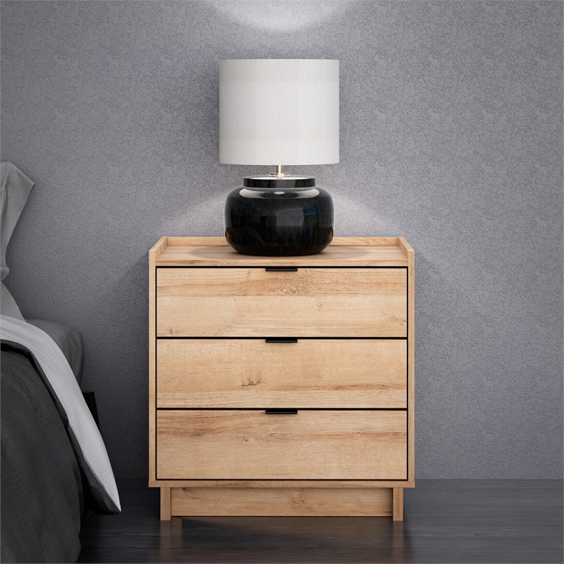 Maklaine Contemporary Engineered Wood 3 Drawer Nightstand in Oak