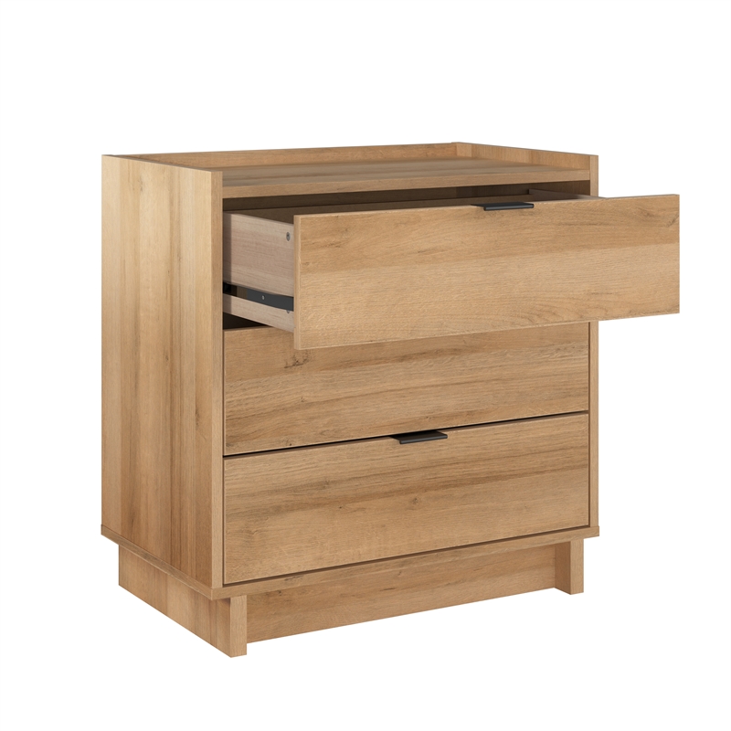 Maklaine Contemporary Engineered Wood 3 Drawer Nightstand in Oak