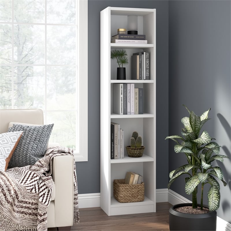 Maklaine Universal 17W Narrow 5 Shelf Bookcase in White - Engineered Wood