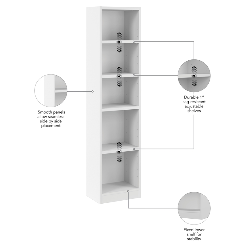 Maklaine Universal 17W Narrow 5 Shelf Bookcase in White - Engineered Wood